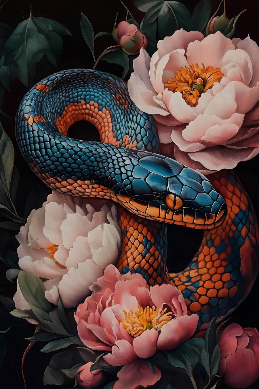 Blue and orange snake with flowers Blue and orange snake with flowers