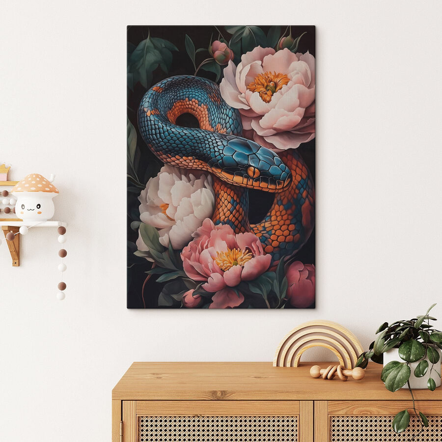 Blue and orange snake with flowers Blue and orange snake with flowers