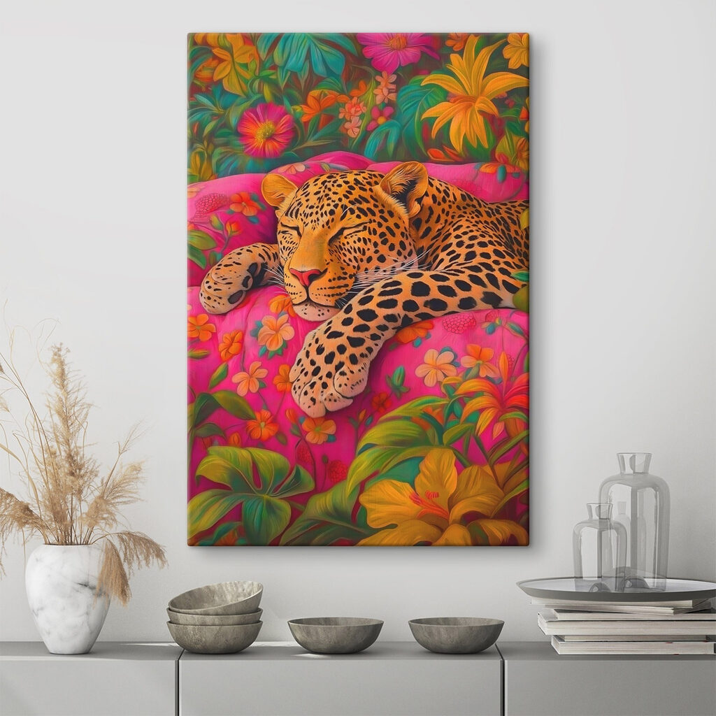 Leopard sleeping on a pink couch Leopard sleeping on a pink couch