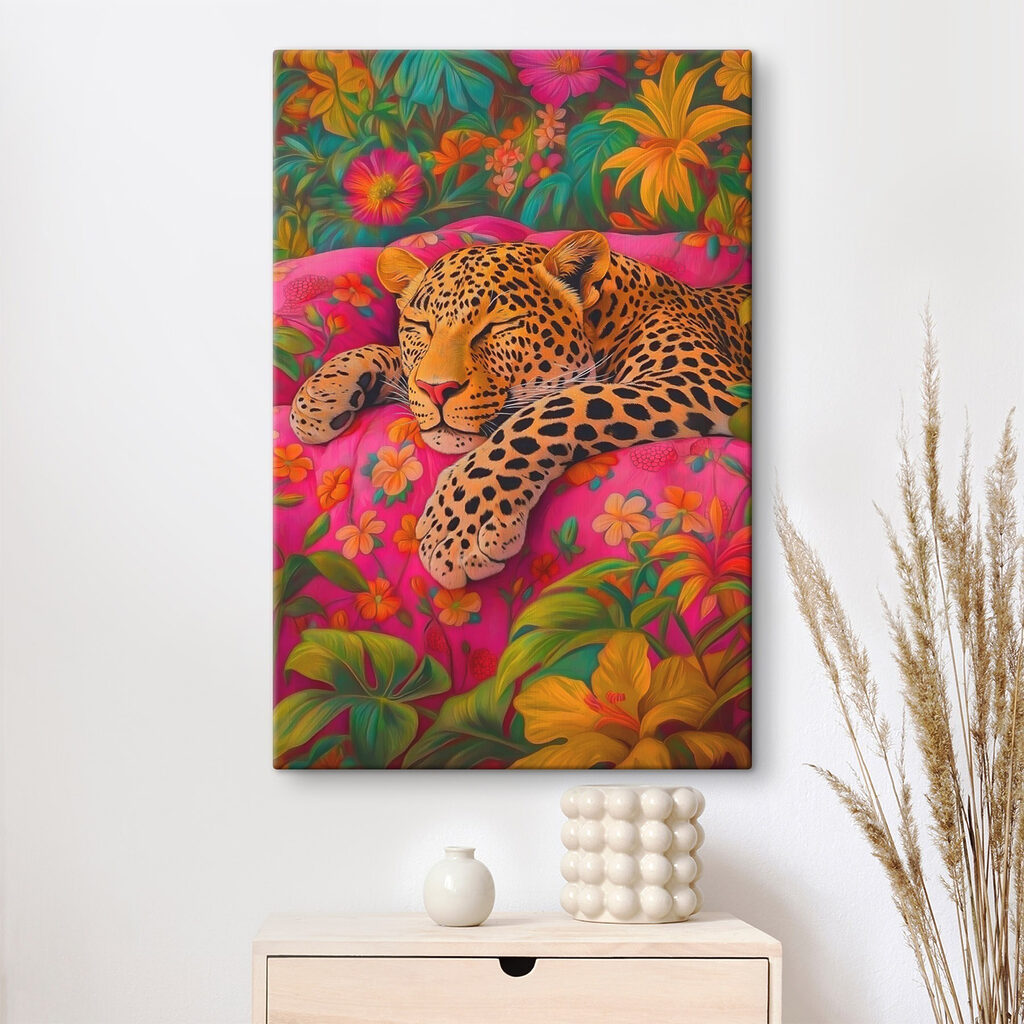 Leopard sleeping on a pink couch Leopard sleeping on a pink couch