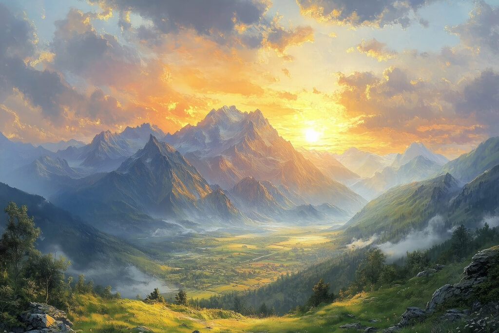 Landscape of mountains and a valley with clouds and sun