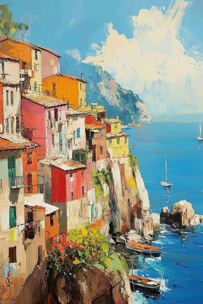 Painting of a colorful town on a cliff by the water