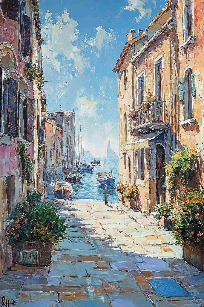Painting of a street with boats and buildings Painting of a street with boats and buildings