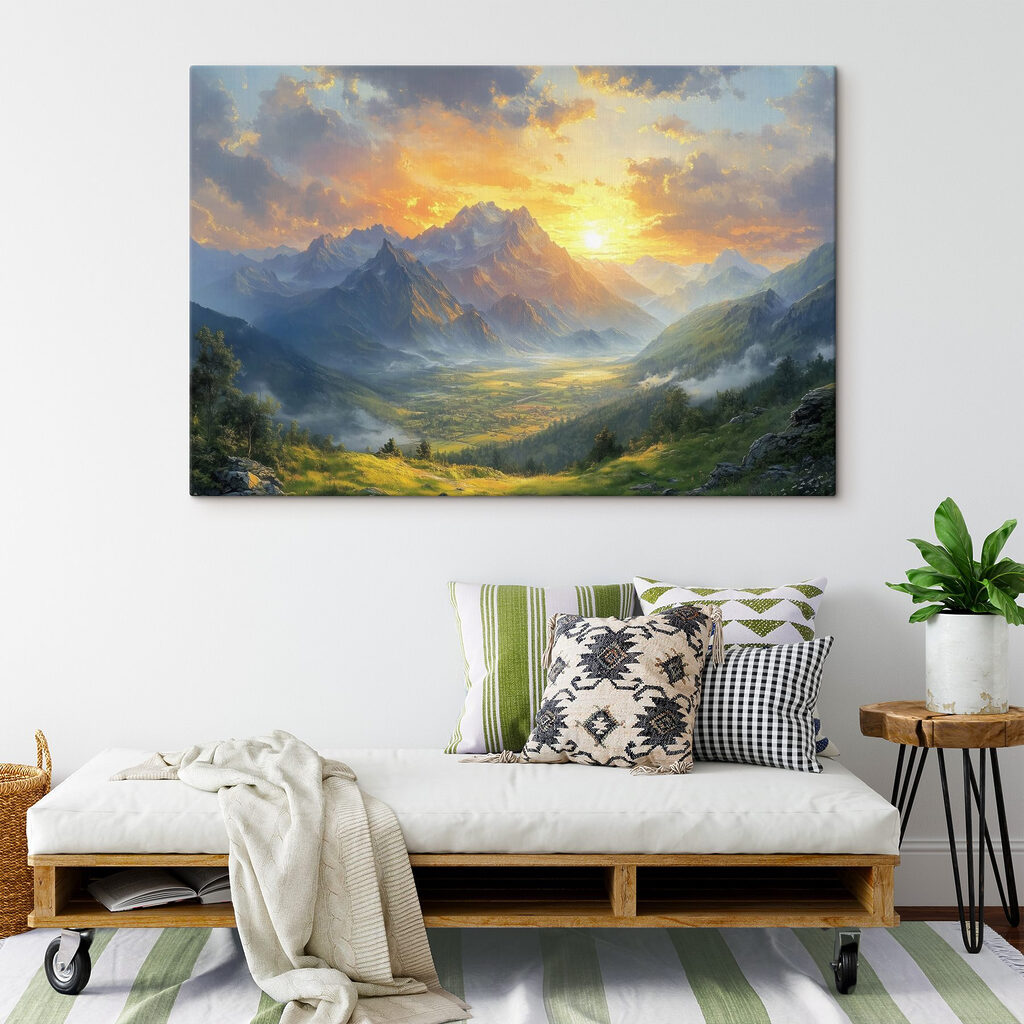 Landscape of mountains and a valley with clouds and sun