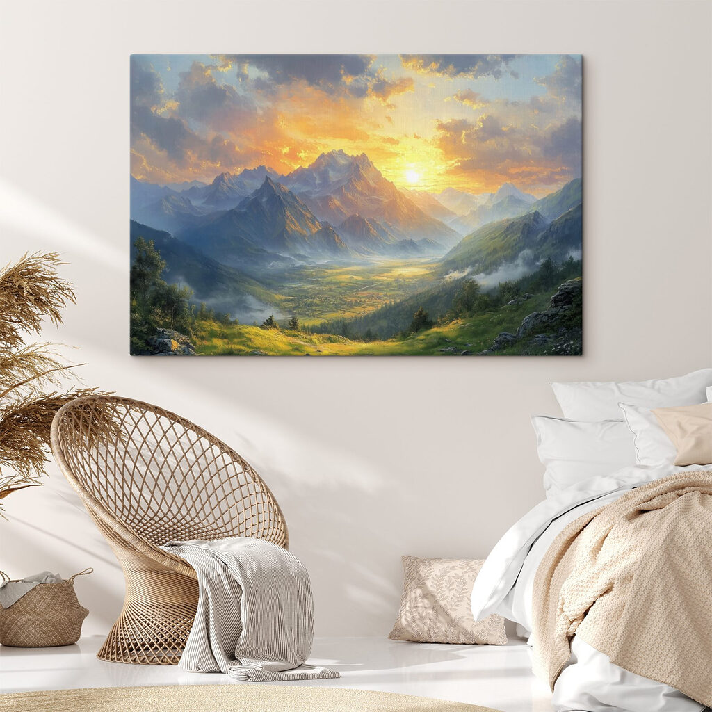 Landscape of mountains and a valley with clouds and sun