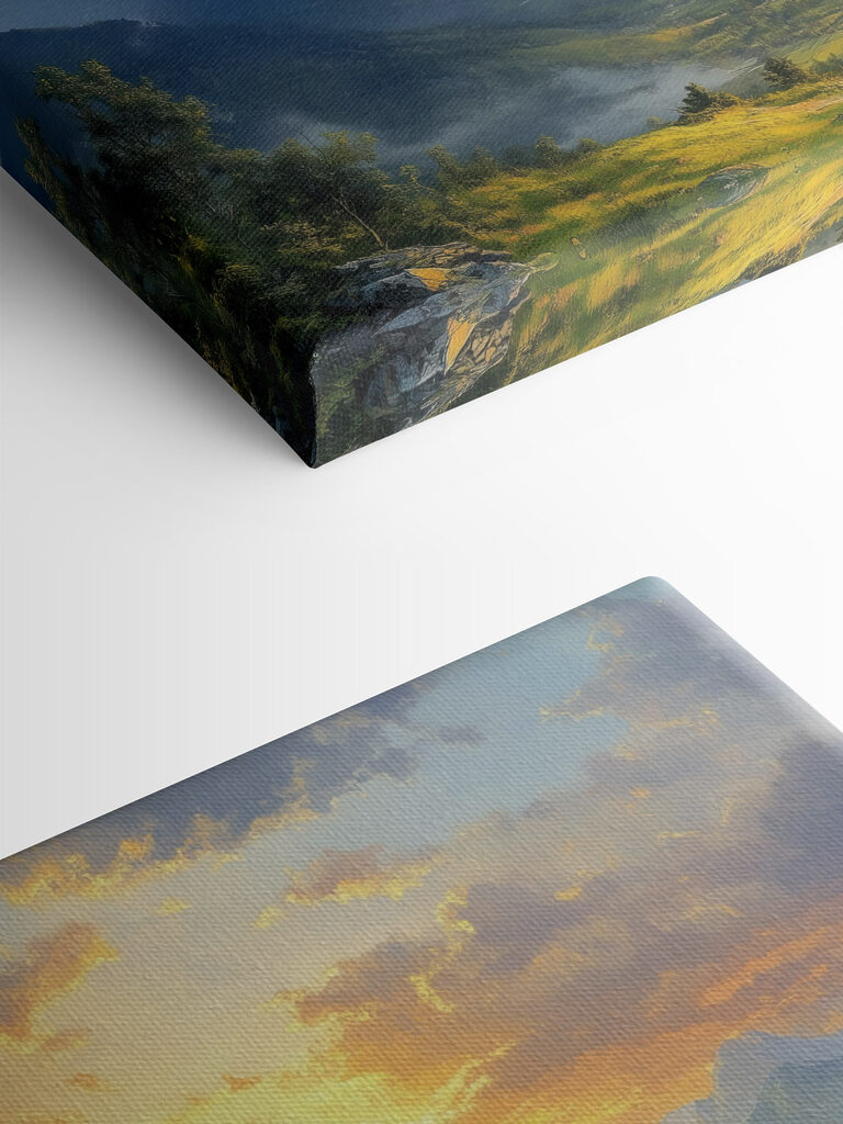 Landscape of mountains and a valley with clouds and sun