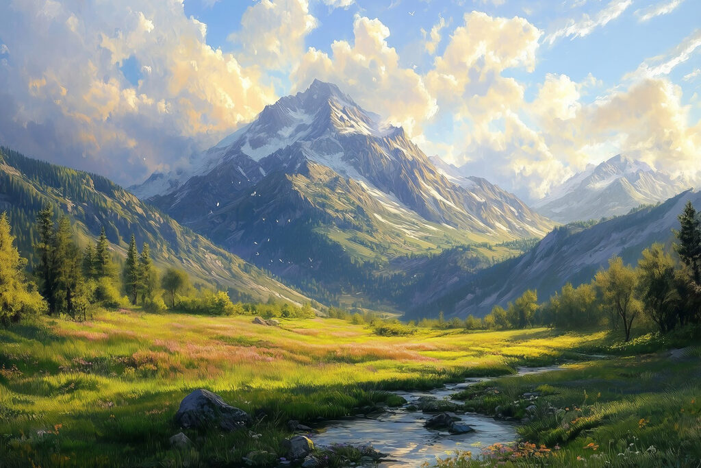 River running through a valley with mountains in the background