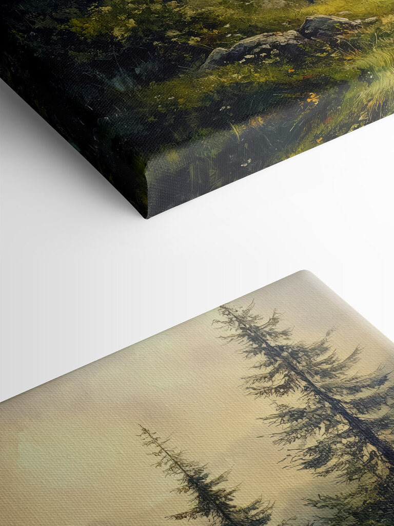 Painting of a forest with mountains and trees