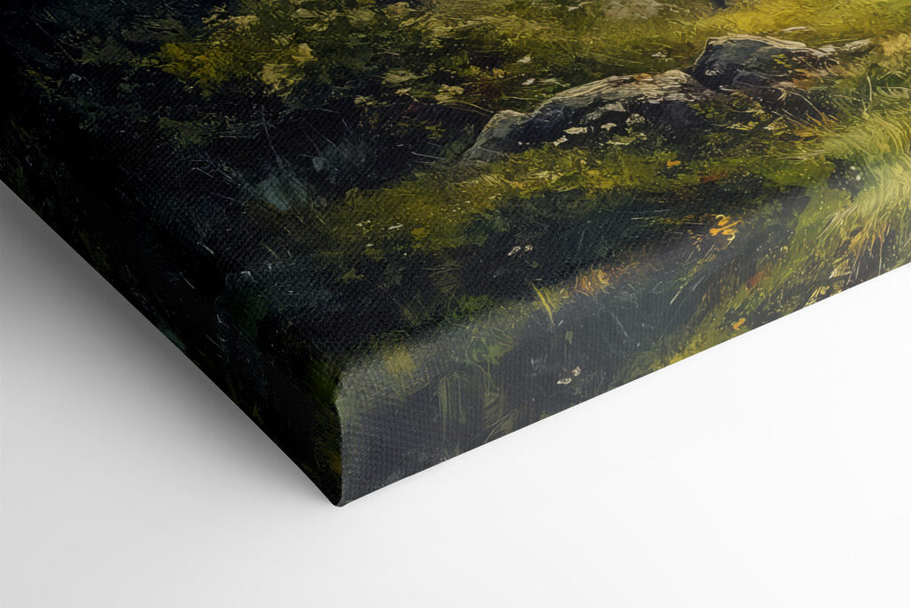 Painting of a forest with mountains and trees