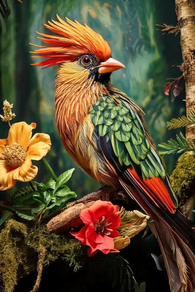 Colorful bird sitting on a branch with flowers