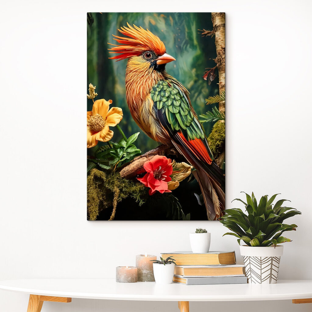 Colorful bird sitting on a branch with flowers