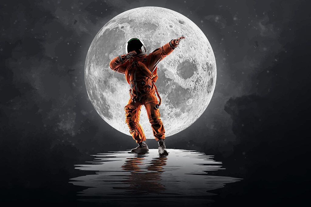 Man in an orange suit standing in front of a full moon