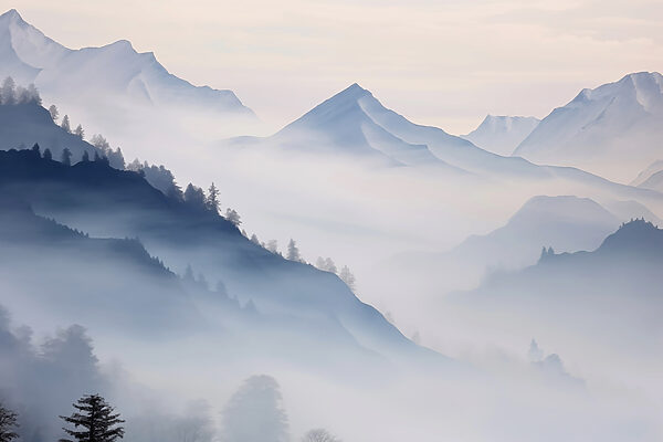 Mountain range with trees and fog Mountain range with trees and fog