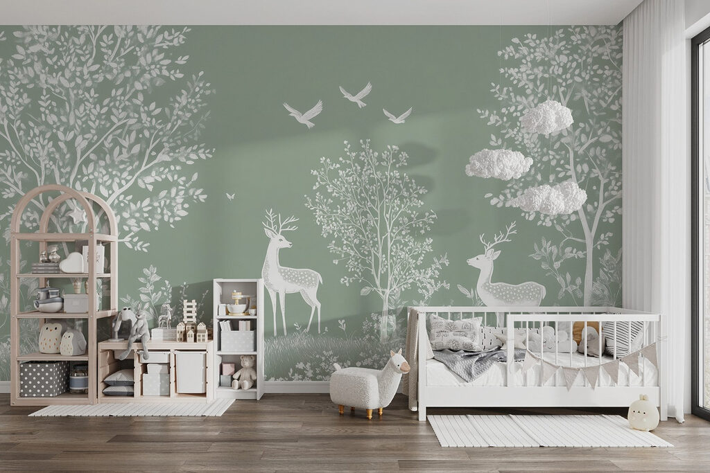 White deer and birds in a field