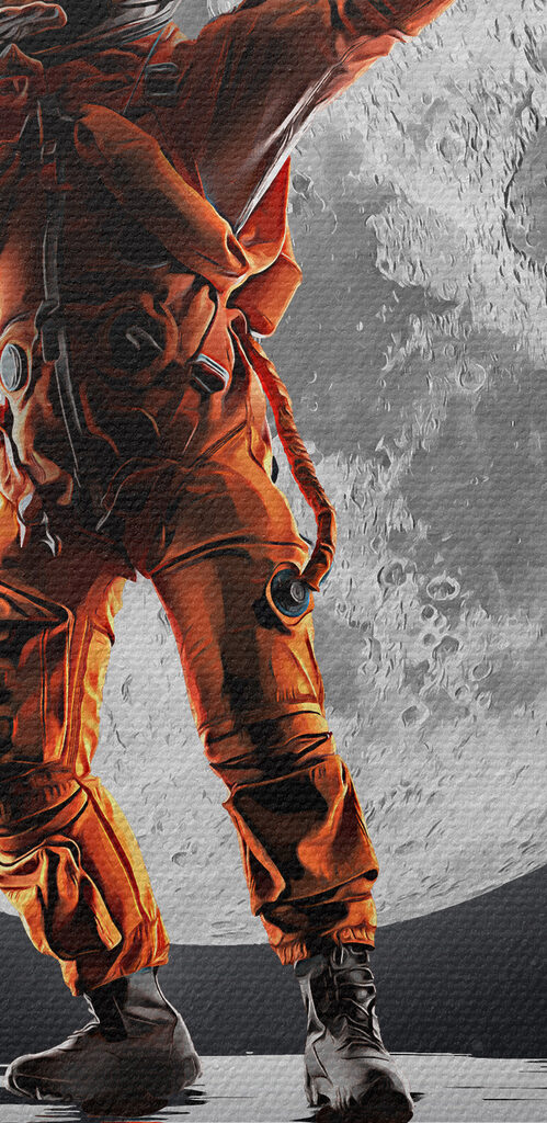 Man in an orange suit standing in front of a full moon