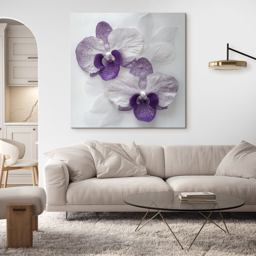 Purple and white flowers on a white surface Purple and white flowers on a white surface