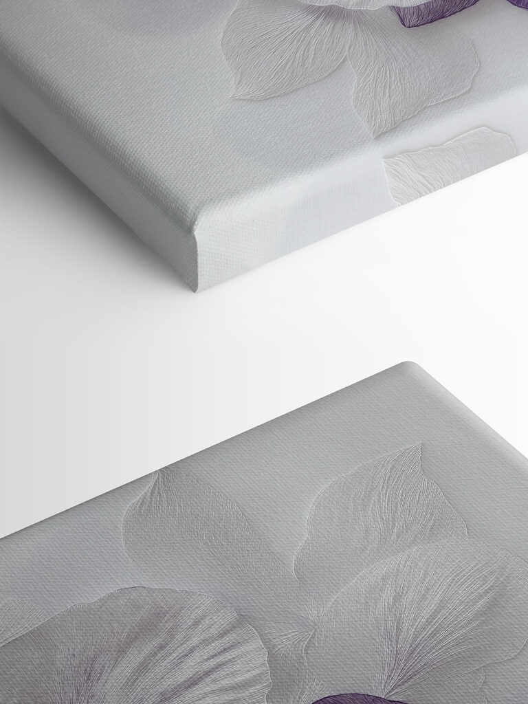 Purple and white flowers on a white surface Purple and white flowers on a white surface