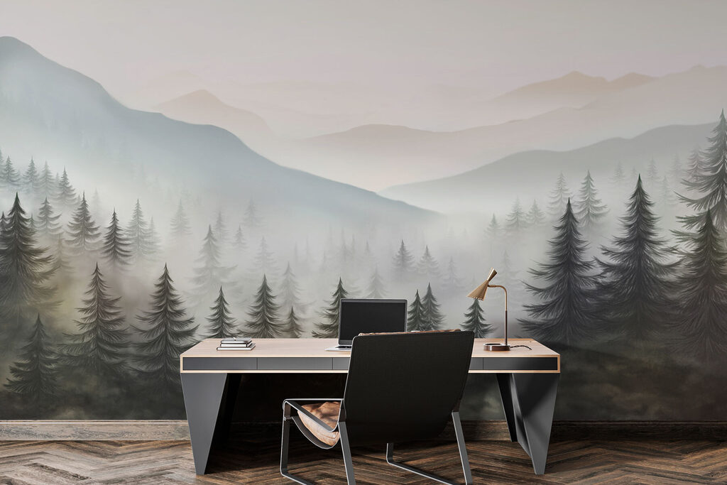 Foggy landscape with trees and mountains