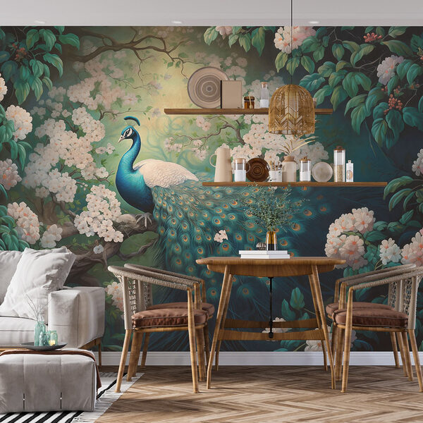 Painting of a peacock on a tree branch