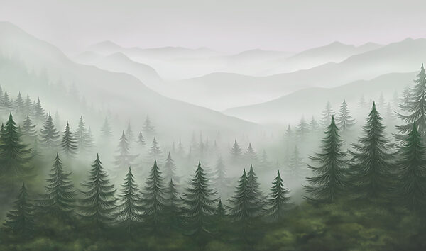 Wall murals Foggy landscape with trees and mountains Wall murals Foggy landscape with trees and mountains