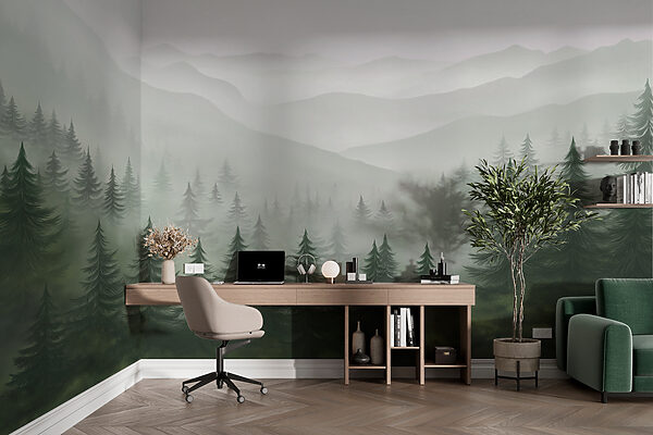 Wall murals Foggy landscape with trees and mountains Wall murals Foggy landscape with trees and mountains