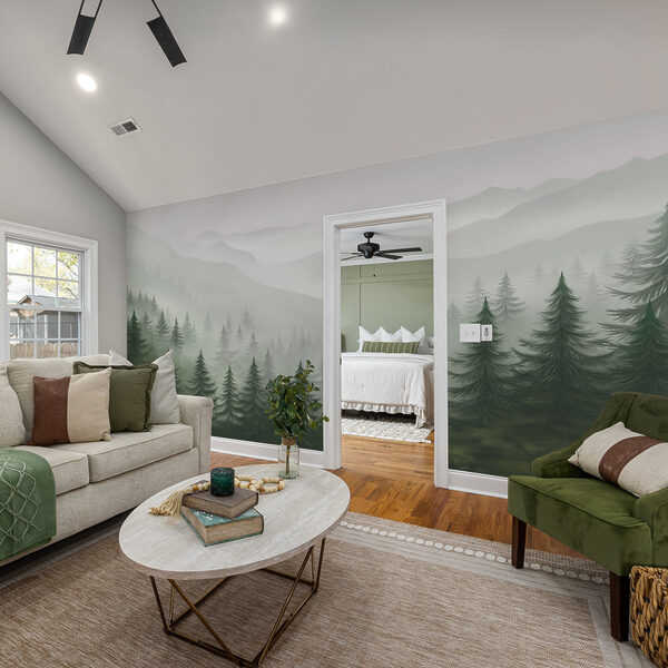 Wall murals Foggy landscape with trees and mountains Wall murals Foggy landscape with trees and mountains