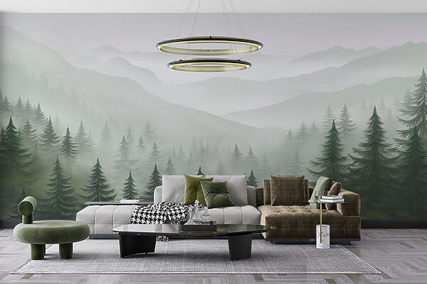 Wall murals Foggy landscape with trees and mountains Wall murals Foggy landscape with trees and mountains