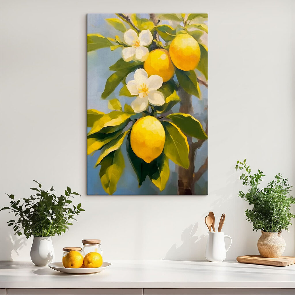 Painting of lemons and flowers on a tree