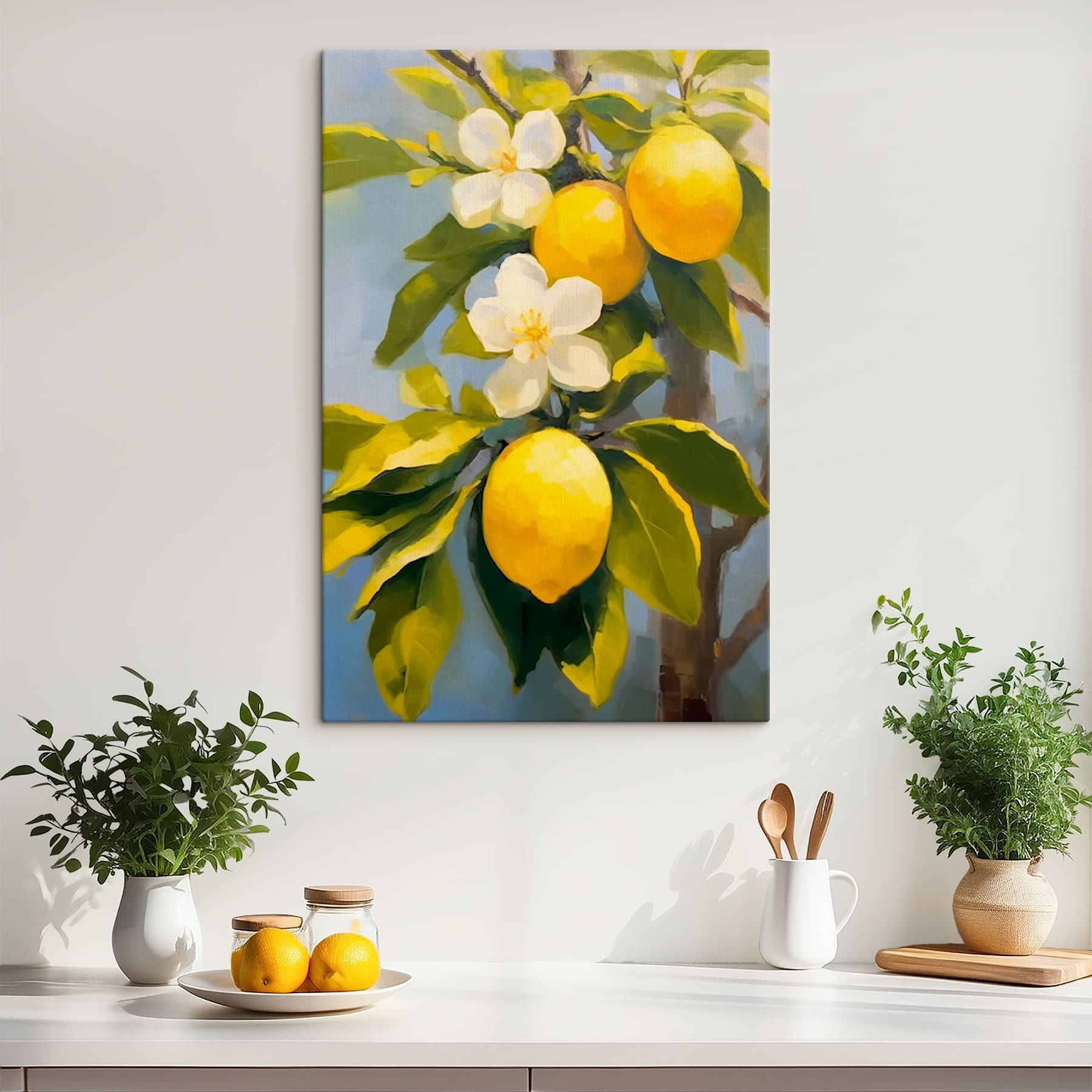 Painting of lemons and flowers on a tree