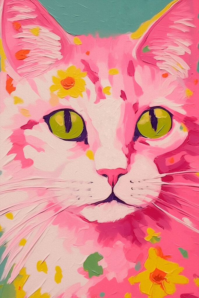 Painting of a cat with flowers on it