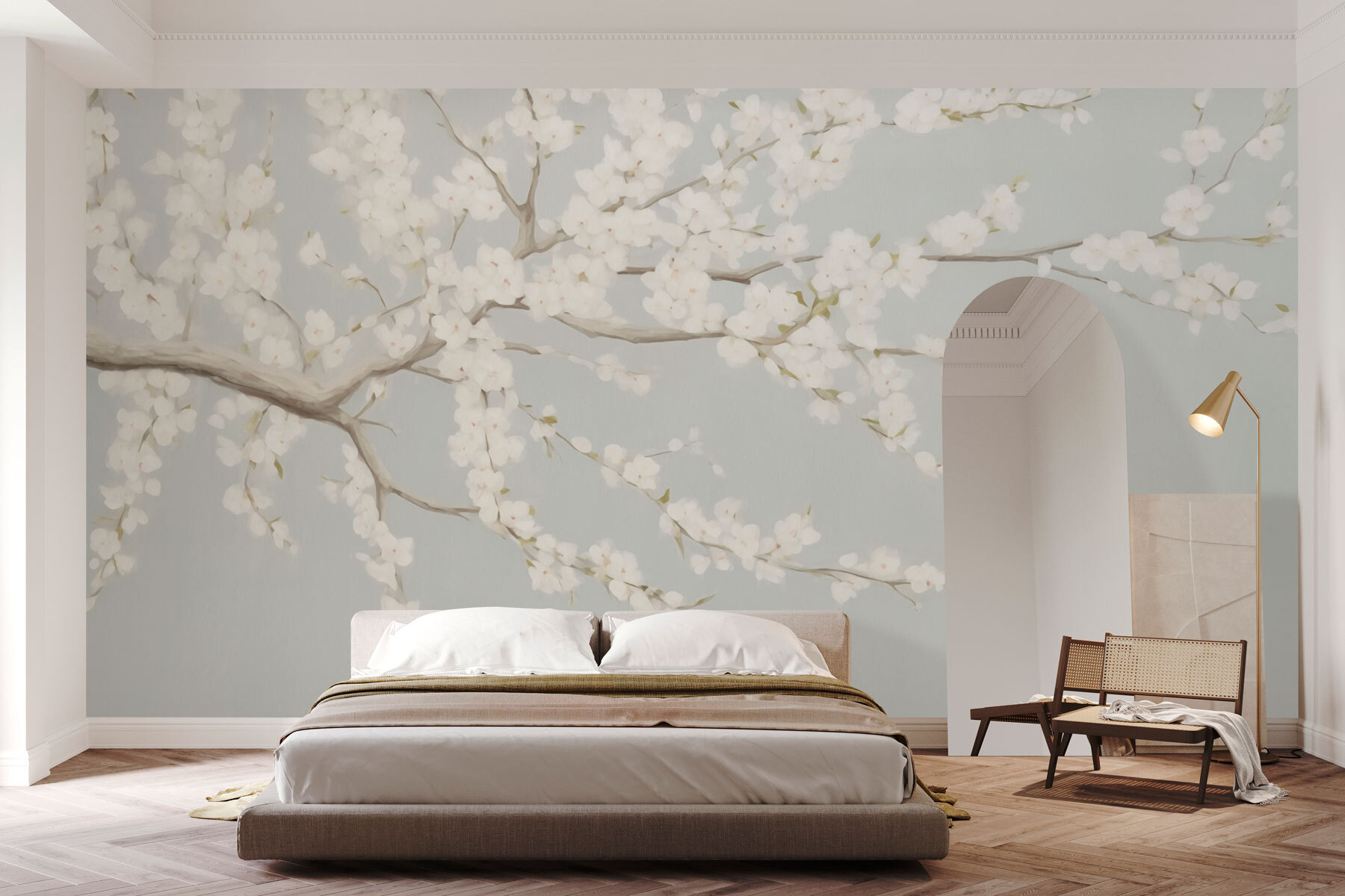 Painting of a tree with white flowers