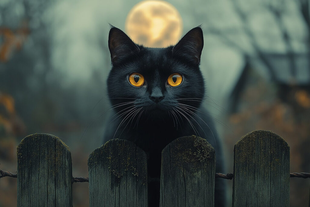 Black cat with yellow eyes behind a fence