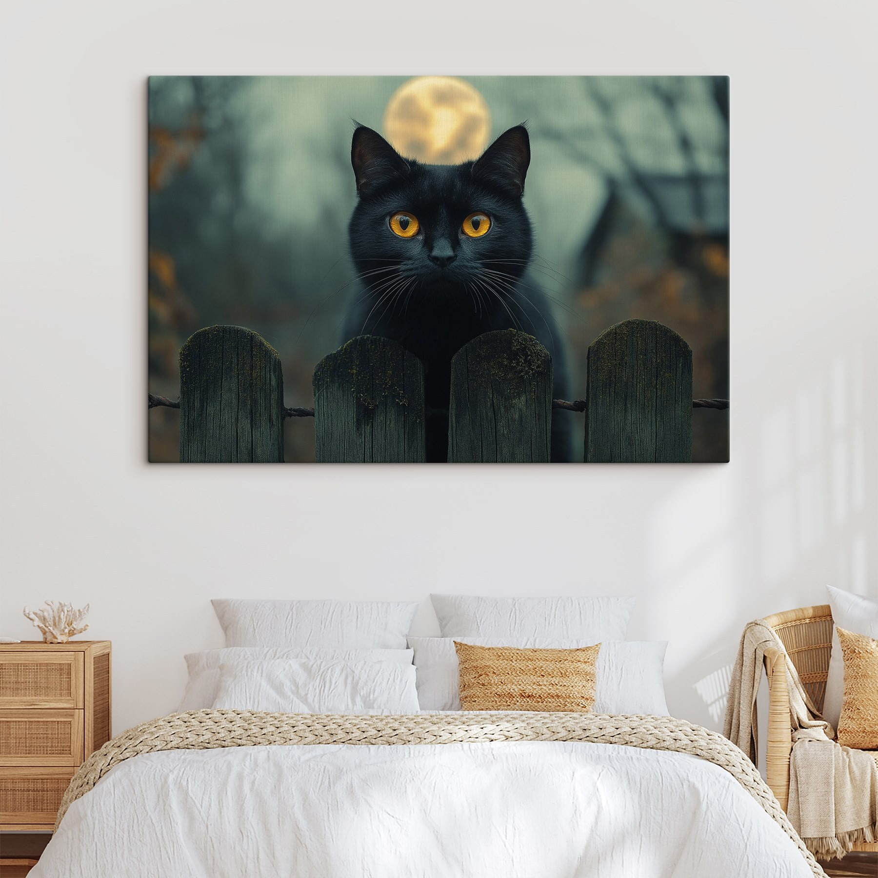 Black cat with yellow eyes behind a fence