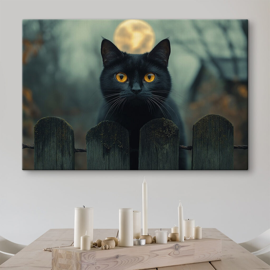 Black cat with yellow eyes behind a fence