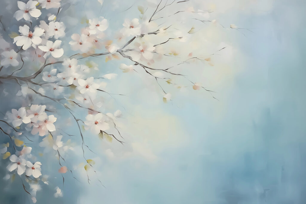 Painting of a tree branch with white flowers