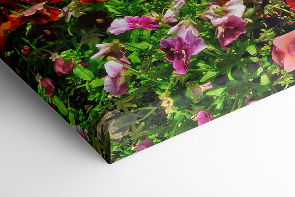Canvas prints Flower bed with flowers and a lake in the background Canvas prints Flower bed with flowers and a lake in the background