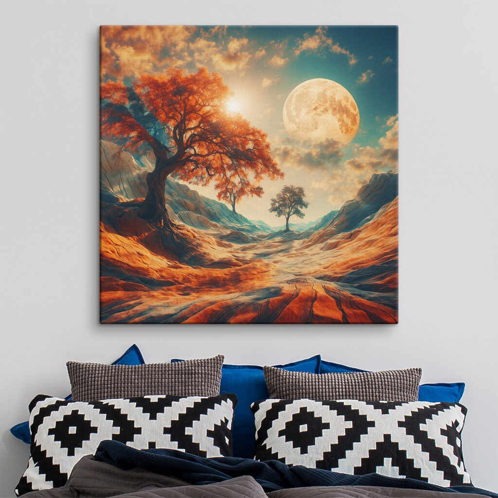 Landscape with trees and mountains and a moon