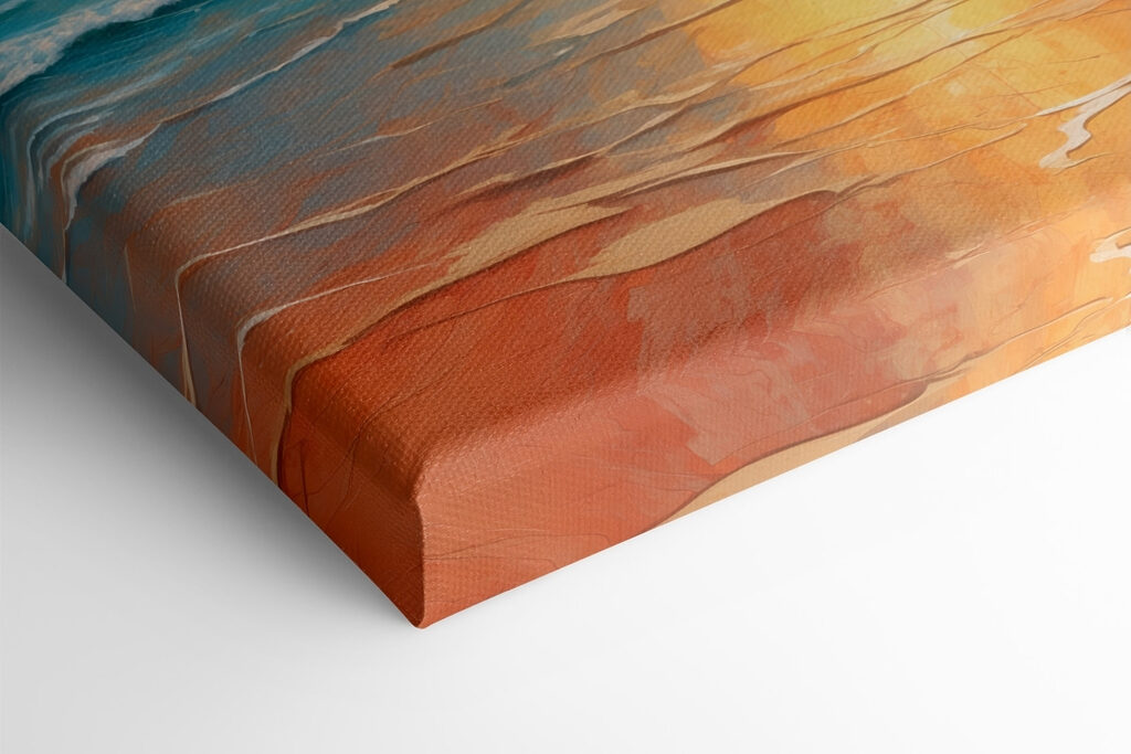 Painting of a beach with rocks and water and the sun