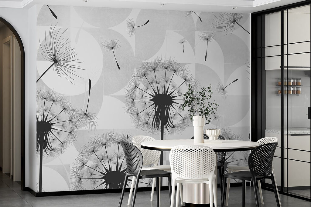 Black dandelion seeds flying in the air