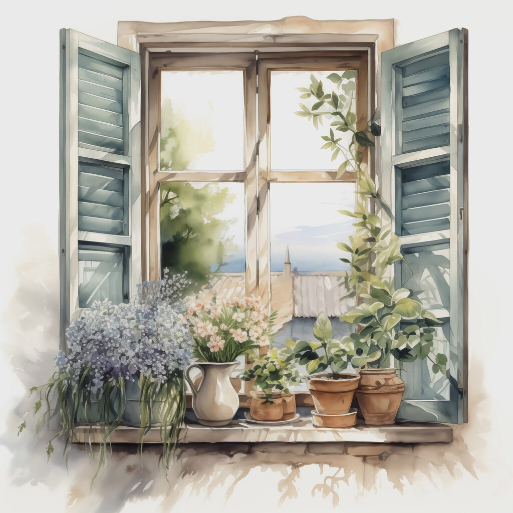 Watercolor painting of a window with potted plants