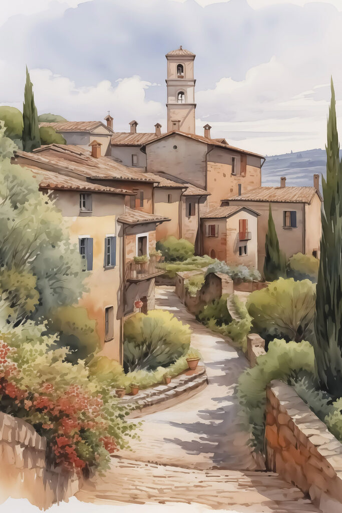 Watercolor painting of a village
