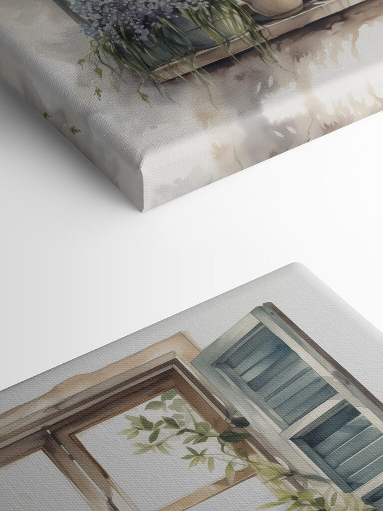 Watercolor painting of a window with potted plants