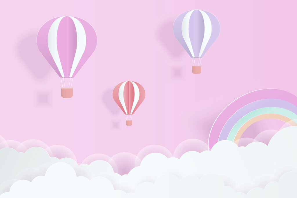 Różowe tło z balonami i tęczą Różowe tło z balonami i tęczą
