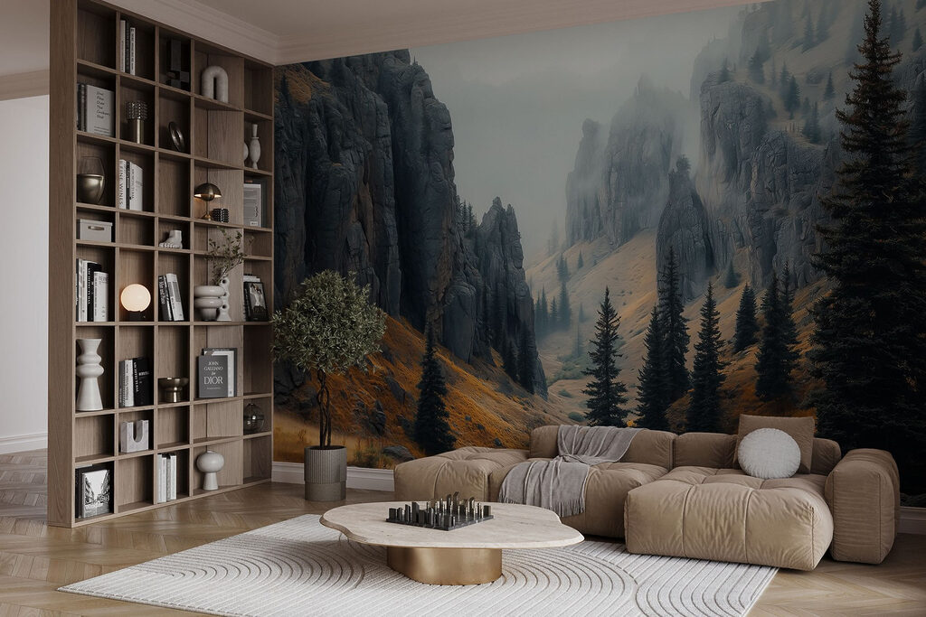 Rocky mountains with trees and fog