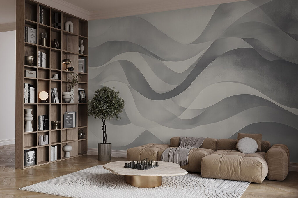 Grey and white background with wavy lines
