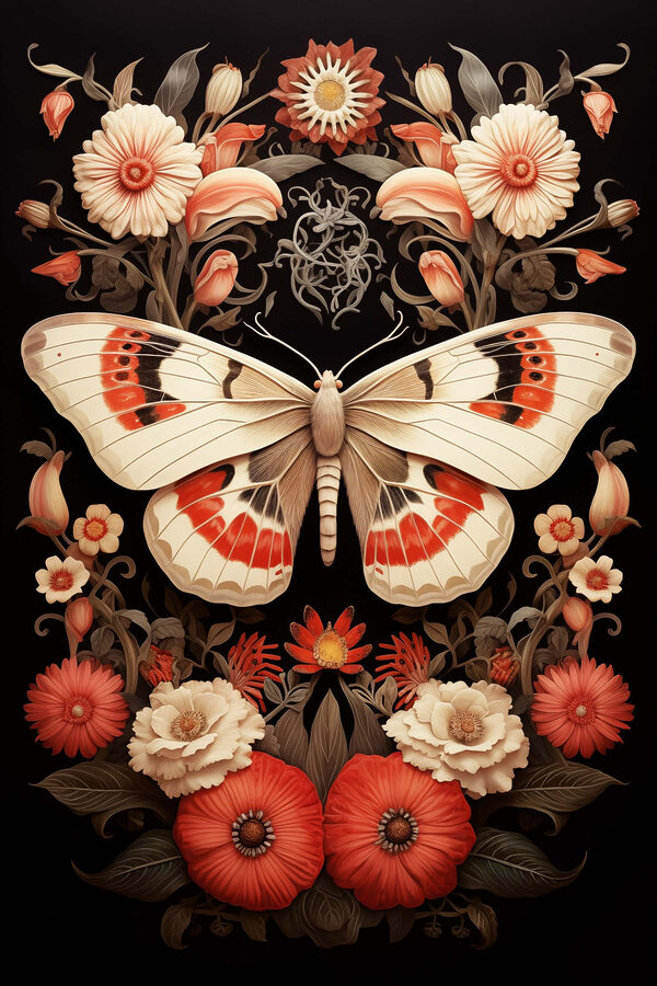 Motyl i kwiaty na czarnym tle Motyl i kwiaty na czarnym tle