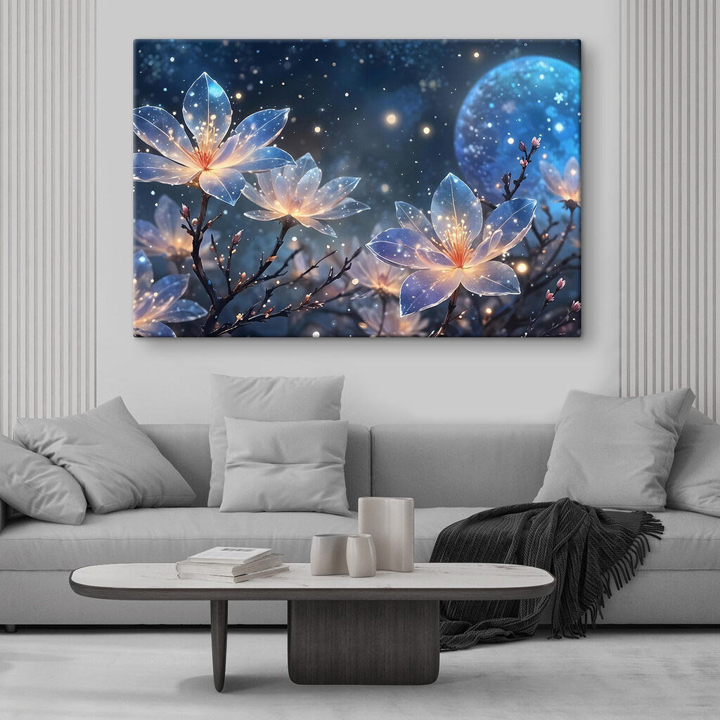 Group of flowers with glowing lights on them Group of flowers with glowing lights on them