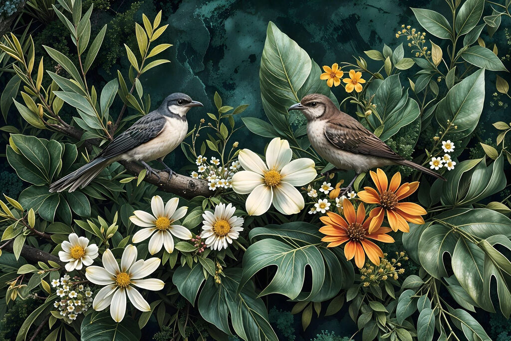 Birds on a branch with flowers Birds on a branch with flowers