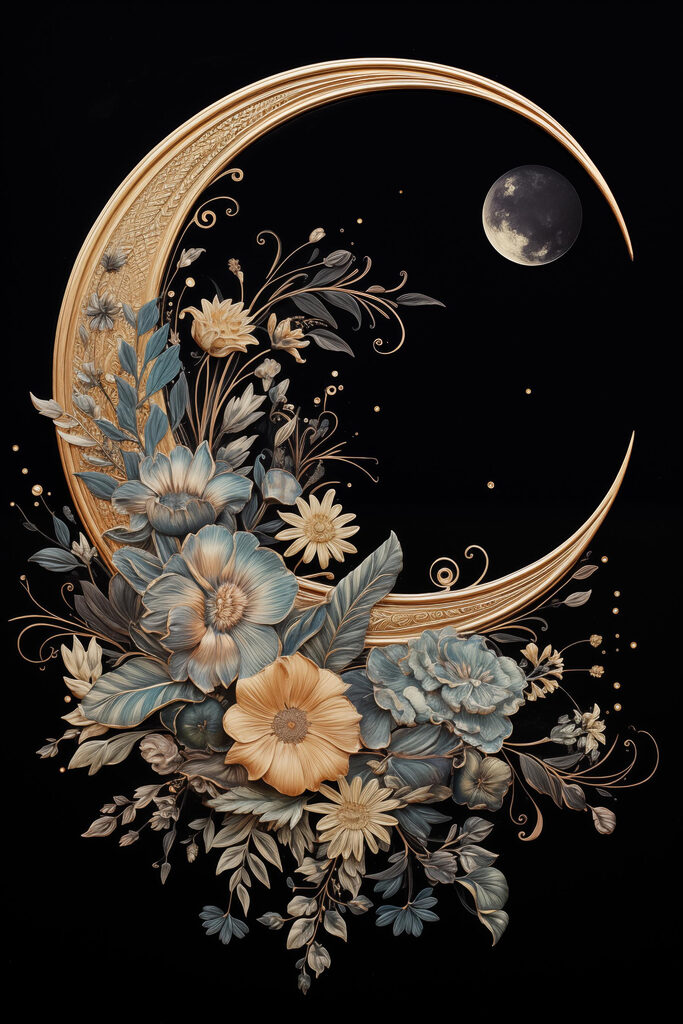 Moon with flowers and leaves