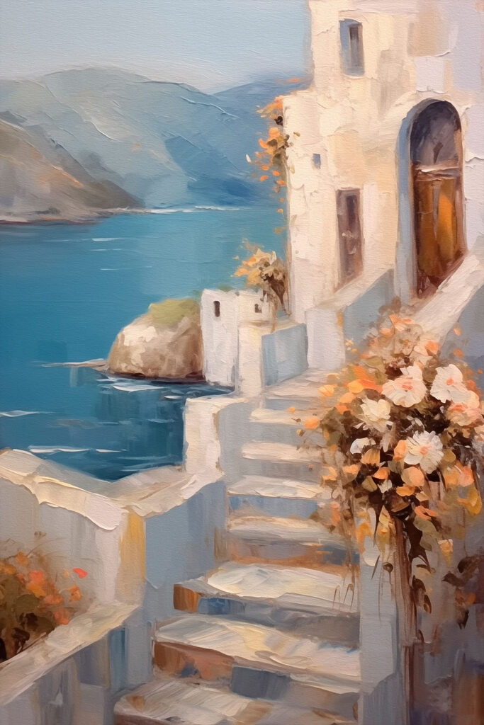 Painting of a house with flowers on the stairs